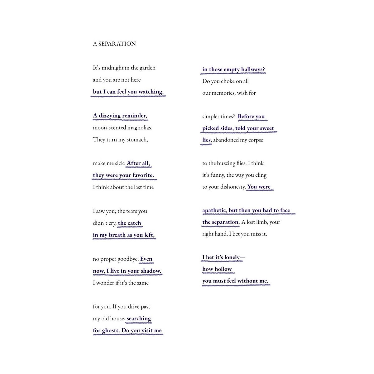 slowly but surely catching up on the escapril days i missed 🥲 listened to i look in people’s windows the entire time i worked on it 

this prompt was “a reminder” 

— A SEPARATION

#tsTTPD #poetrychallenge #poetrycommunity #NationalPoetryMonth #PoetryMonth #poetrytwitter