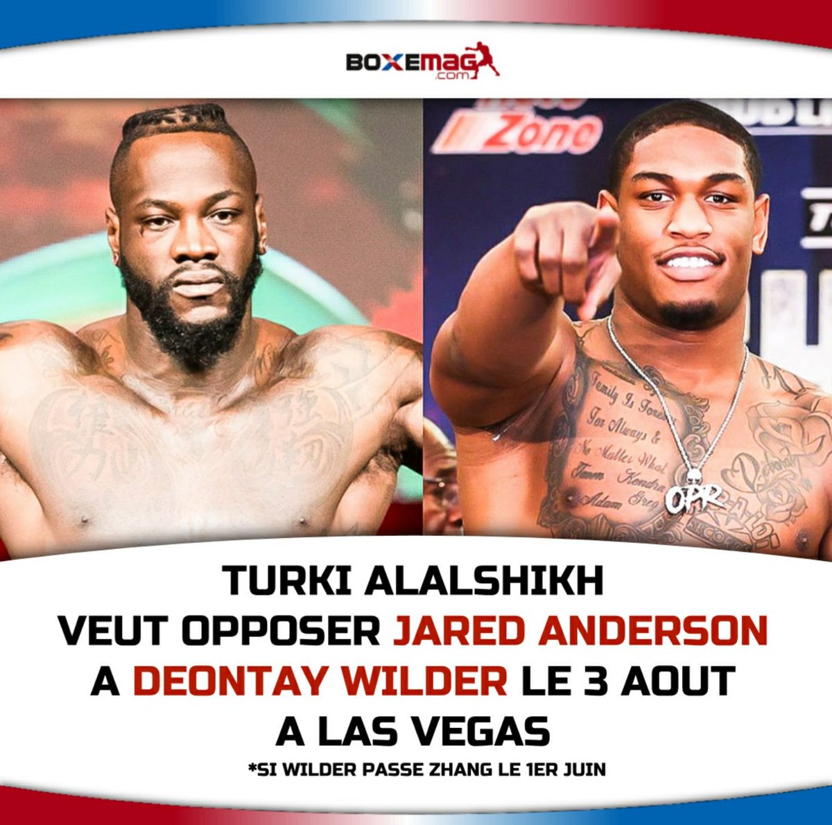 Wilder ne va pas avoir la tache facile cette année...

1er Juin - Zhilei Zhang
3 aout - Jared Anderson*
#deontaywilder #Boxe #JaredAnderson