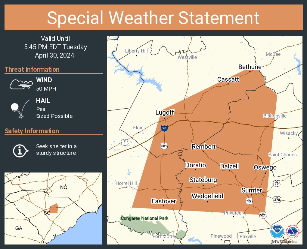 A special weather statement has been issued for Sumter SC, Lugoff SC and Camden SC until 5:45 PM EDT