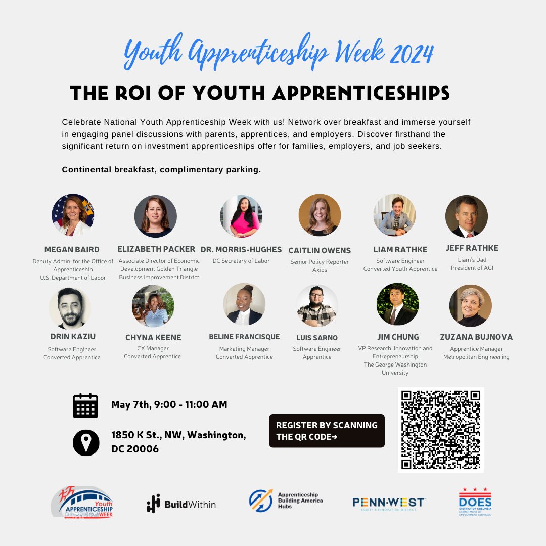 Celebrate National Youth Apprenticeship Week! Network over breakfast & immerse yourself in engaging panel discussions with parents, apprentices, & employers. Discover firsthand the significant return on investment apprenticeships offer for families, employers & job seekers. 📲QR