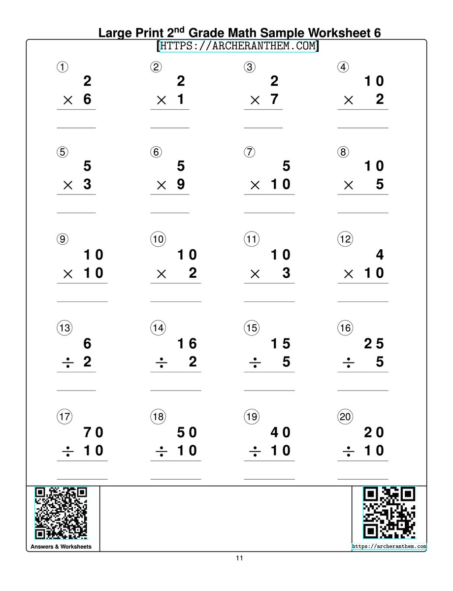 Large Print 2nd Grade Math Multiplication & Division Worksheet  [ARCHERANTHEM.COM]. Designed for Children with Low Vision. Scan the QR or click the link for  samples & answers.
archeranthem.com/workbooks/larg…
#archeranthem #math #visualimpairment #largeprint #lowvision #SightLoss