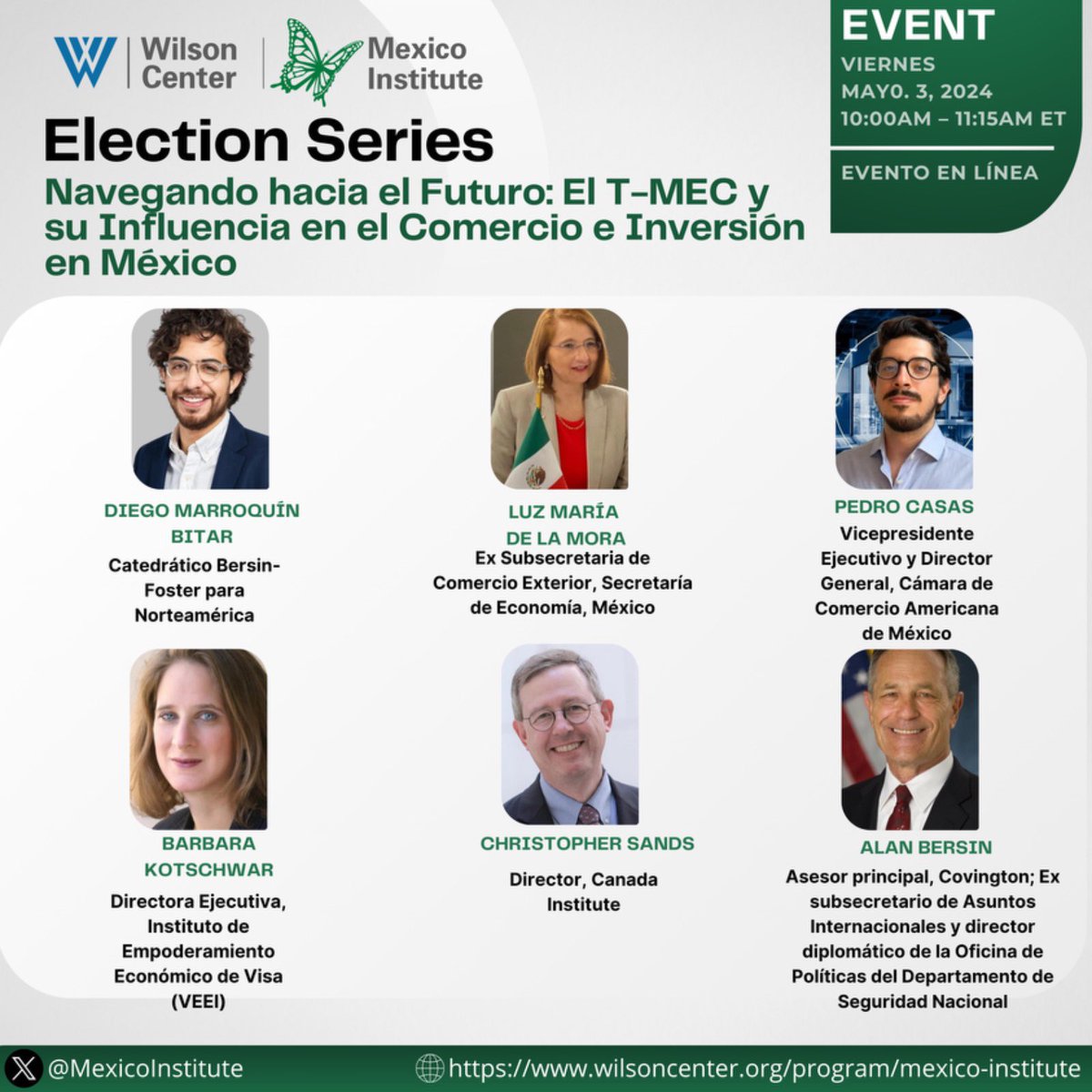 Este viernes estaremos en el @MexicoInstitute del @TheWilsonCenter hablando sobre el futuro del TMEC. Tremendo panelazo: @DiegoTMEC @luzmadelamora @USCanada_Sands @AlanBersin @BRKotschwar. No se lo pierdan 💪🏼 cc. @lilaabed