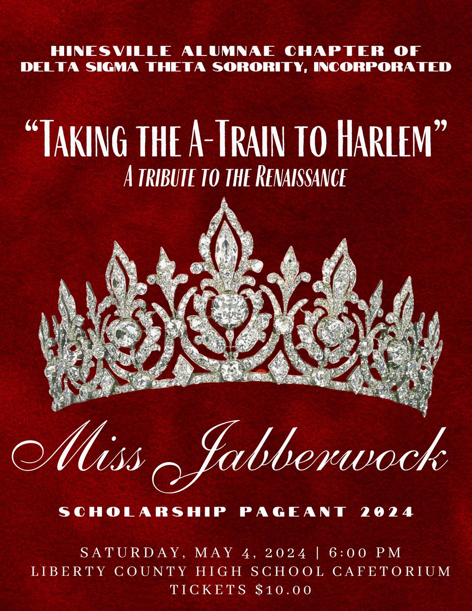 Miss Jabberwock Scholarship Pageant 2024 is this Saturday!This year's theme is "Taking The A-Train To Harlem".The pageant will be held at the Liberty County High School Cafetorium at 6:00PM. Tickets for the pageant are $10.00 and are on sale,NOW! See a member for tickets.#HAC1987