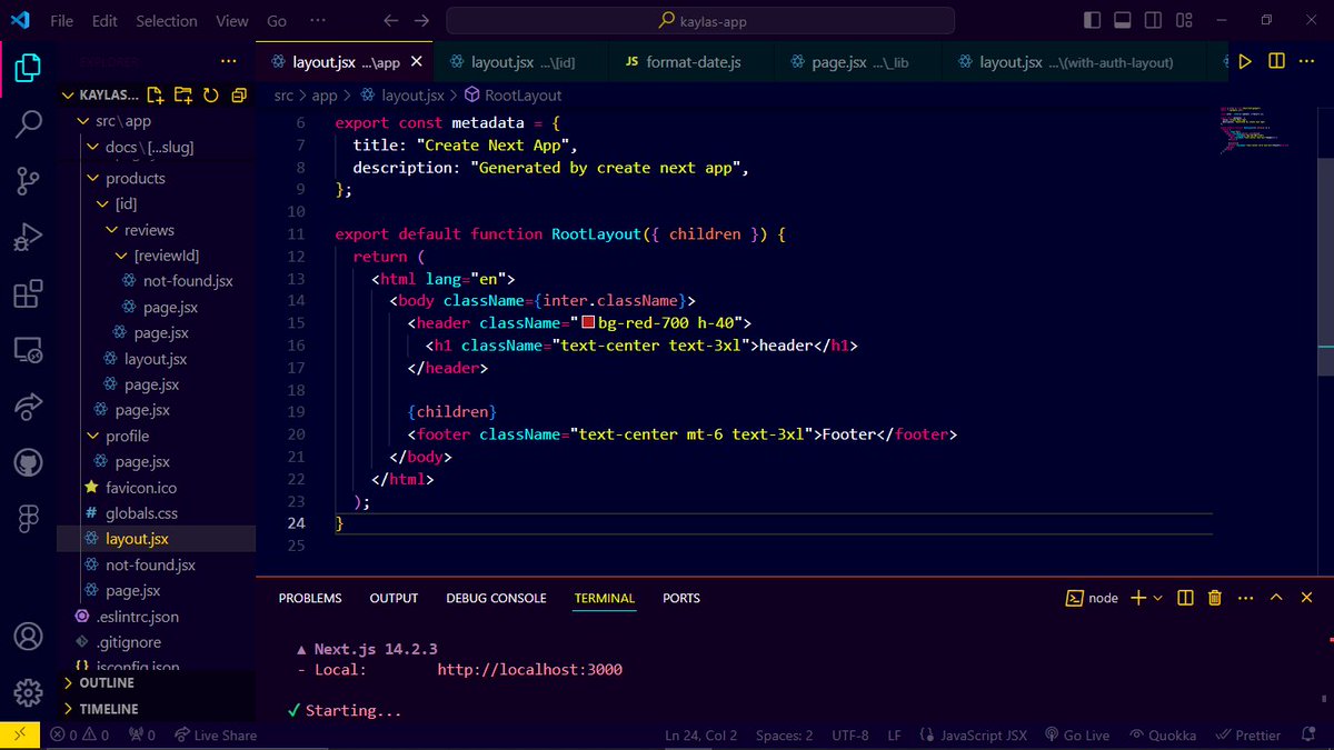 Kayla_hhray's tweet photo. Day 87 #100daysOfCode #100daysofcodechallenge
Today in Next.js, I learned
👉 File colocation - Route Groups - Private folders and underscores ("%5F")
 👉 Layouts - Created a header and footer in the layout.jsx,
👉 Nested Layouts,
👉 Route Group Layout.
I'm also learning Excel.😃 https://t.co/F0uvnHg9kp