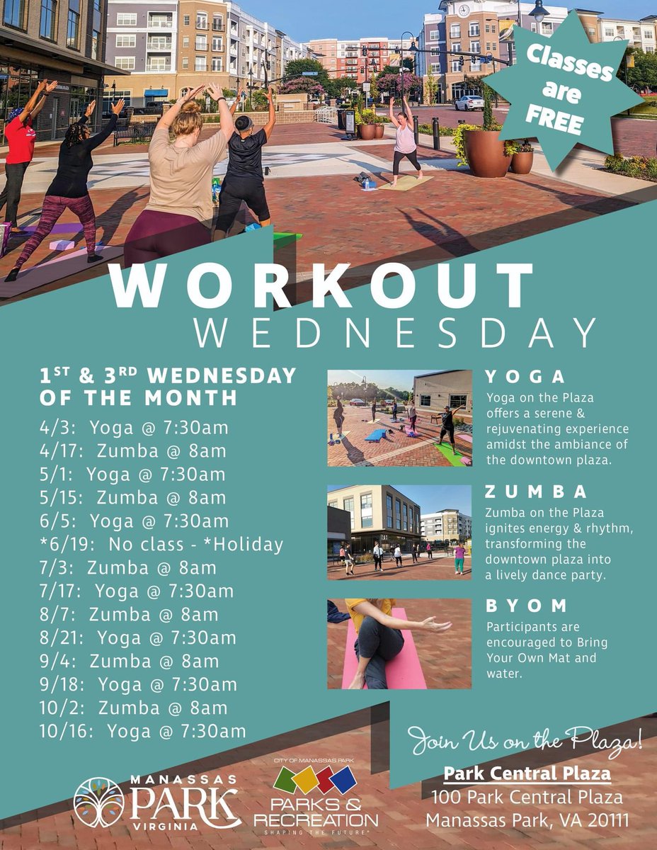 🌟 Workout Wednesday is TOMORROW, May 1st, with YOGA! 🧘‍♀️ Join us at 7:30am for a rejuvenating session of Yoga on the Plaza! Grab your yoga mat, your water bottle, & most importantly, your positive vibes! Let's kickstart May with some much-needed zen. 🌸 See you on the mat! 💫