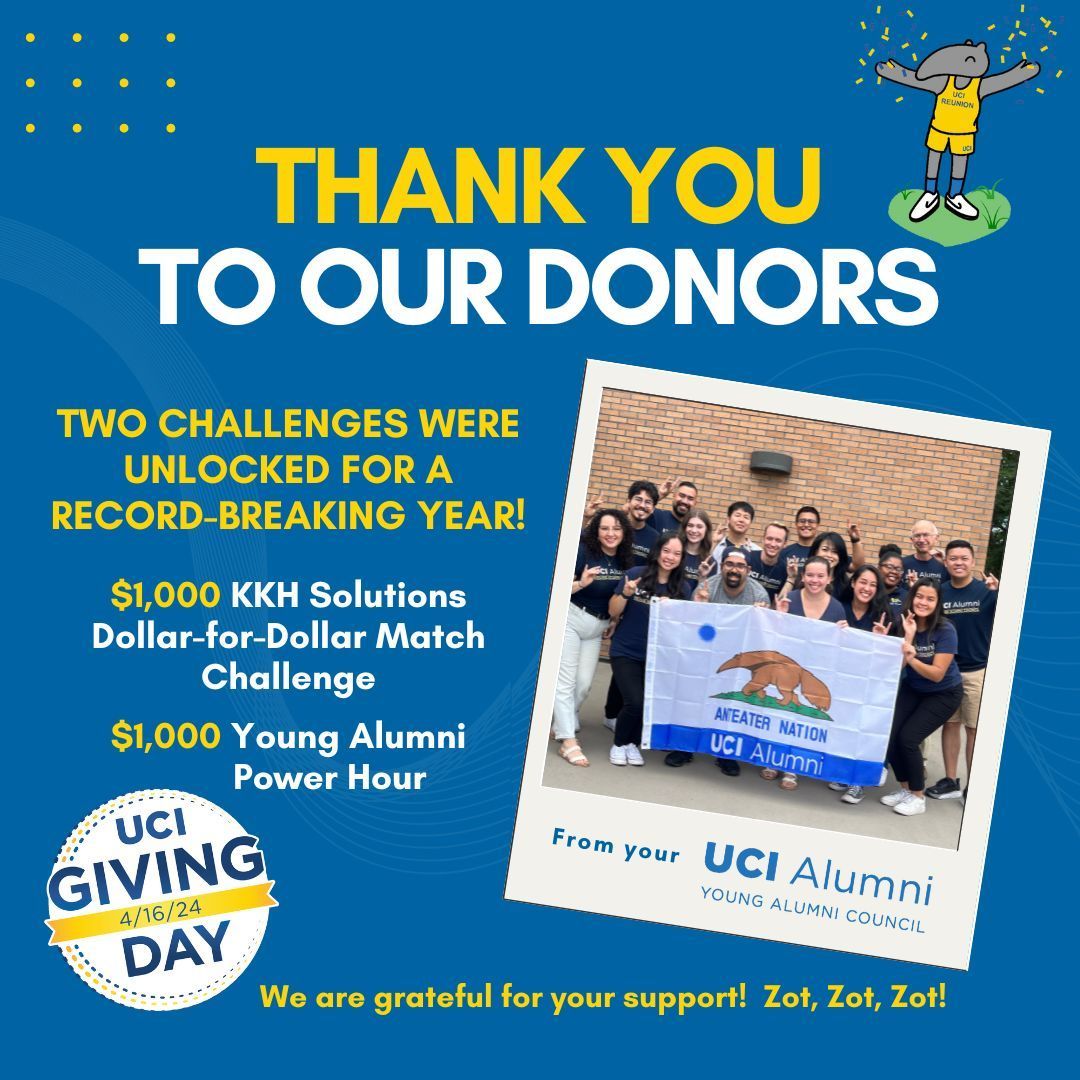 A huge thank you to our #UCIAlumni for breaking another record for the third year in a row! We love to see your #UCIPride for something as special as #UCIGivingDay! #ZotZotZot