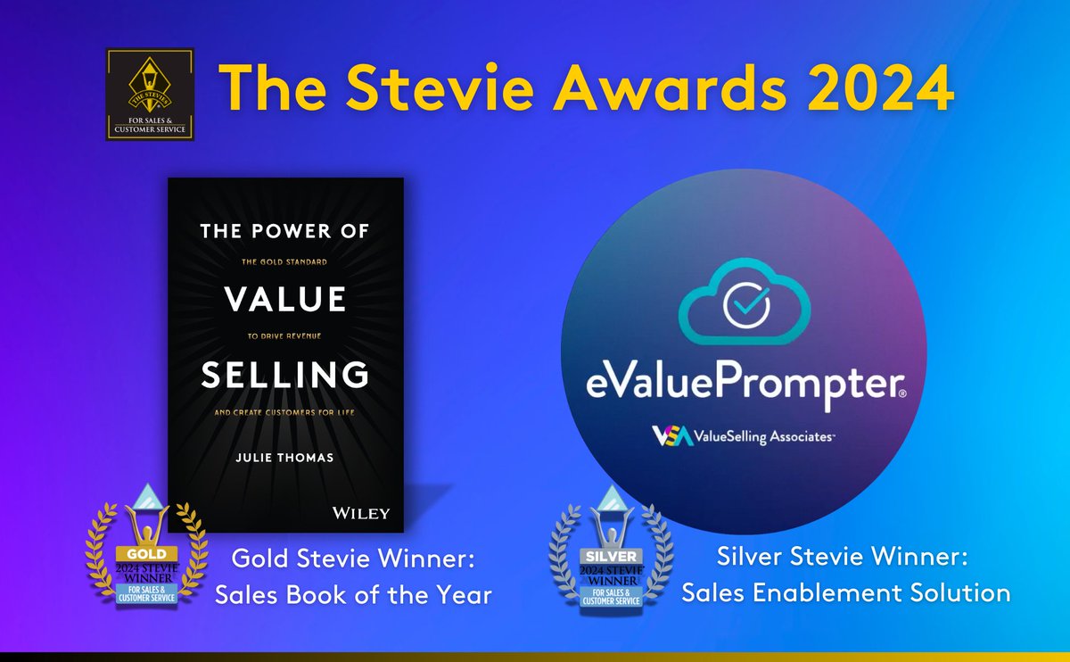 ValueSelling Associates wins Gold & Silver at the Stevie® Awards! Sales Book of the Year for 'The Power of ValueSelling' & Silver for Sales Enablement Solution with eValuePrompter™. Kudos to our product team & thanks to @TheStevieAwards!
valueselling.webflow.io/services/2024-…
#SalesSuccess