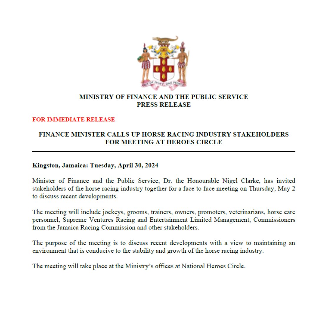 Minister of Finance and the Public Service, Dr. the Hon. Nigel Clarke, has invited stakeholders of the horse racing industry together for a face to face meeting on Thursday, May 2 to discuss recent developments. full article: mof.gov.jm/finance-minist… #mofpsjamaica