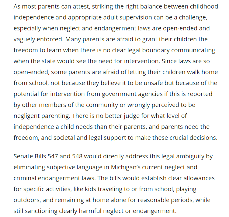 Fantastic testimony on Michigan's Reasonable Childhood Independence bill by Zachary Christensen @Reason: 'Many parents are afraid to let their kids walk home...because of the potential for intervention.' reason.org/testimony/mich…
