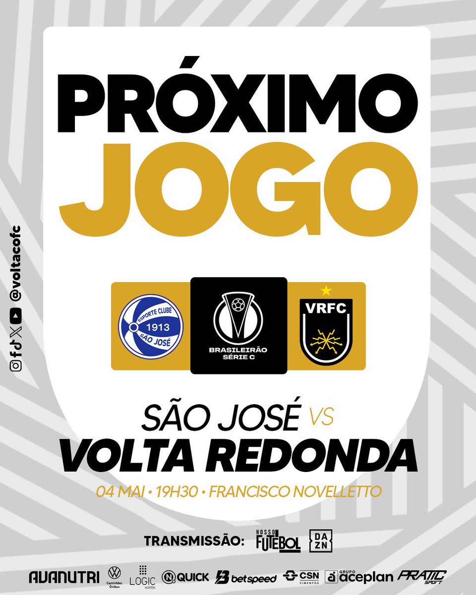 Vamos para mais um compromisso pelo #BrasileirãoSérieC. Bora, Voltaço! 💛🖤🤍

➡️ O Volta Redonda enfrenta o São José-RS, no próximo sábado, dia 04, às 19h30, no estádio Francisco Novelletto, pela 3ª rodada do Brasileirão. 

#EuSouVoltaço #EsquadrãoDeAço