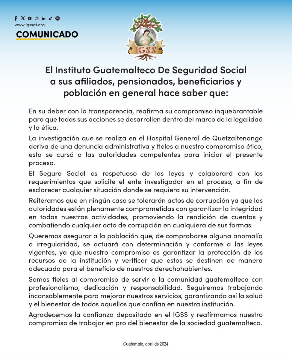 IGSS_gt's tweet photo. 🚨#ComunicadoIGSS | El Instituto Guatemalteco de Seguridad Social #IGSS a sus afiliados, pensionados, beneficiarios y población en general informa ⬇️ https://t.co/TIMbTvtawM