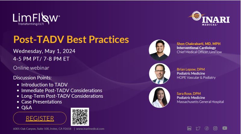 One more day to register for 'Post-TADV Best Practices' with experts @thetoedoctor and Dr. Sara Rose! Registration link here: us02web.zoom.us/webinar/regist… We look forward to seeing you all tomorrow night! All are welcome. @InariMedical @DavidAlperDPM #CLTI #CLI #TADV #amputation