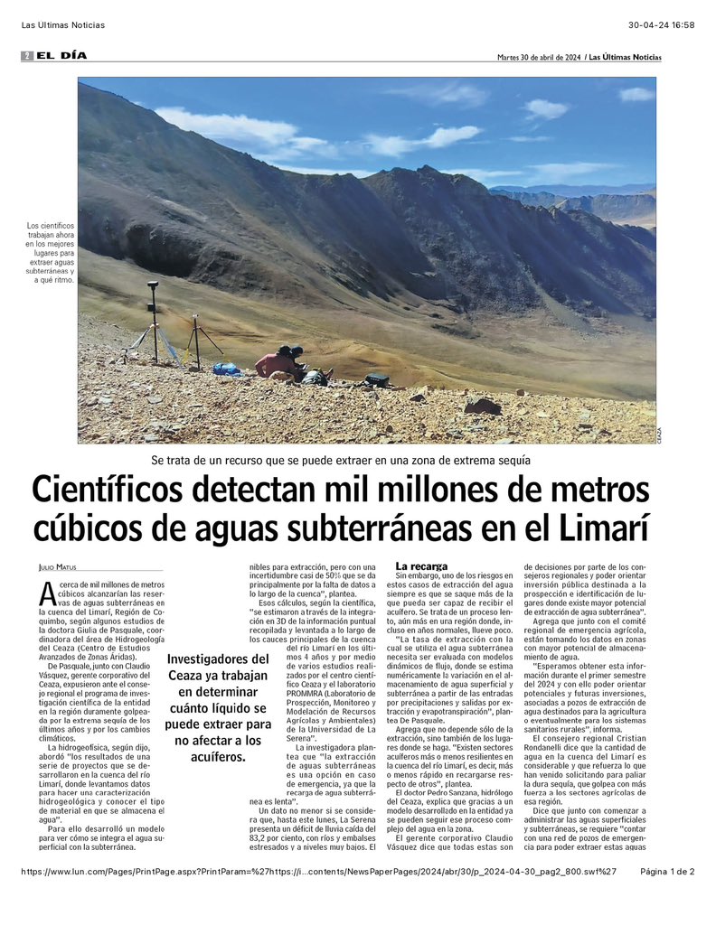 Diario Las Últimas Noticias @lun destaca en página 2 la investigación que desarrolla el área de Hidrogeología de @cienciaceaza junto a @PROMMRA 

Lee la nota aquí 👉lun.com/lunmobileiphon…