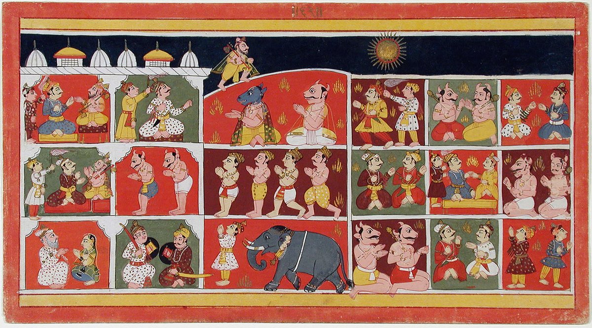 Folio from the Bhagavat Purana ca 1700, Central India, Malwa Edwin Binney 3rd Collection @SDMA Not clear what this beautiful painting depicts. Perhaps it shows Kansa conferring with his henchmen?