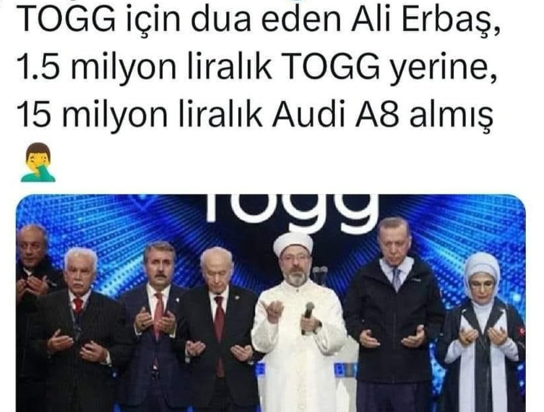 TOGG için dua eden Ali Erbaş, 1.5 Milyon liralık TOGG yerine, 15 milyonluk Audi A8 almış 😳😳