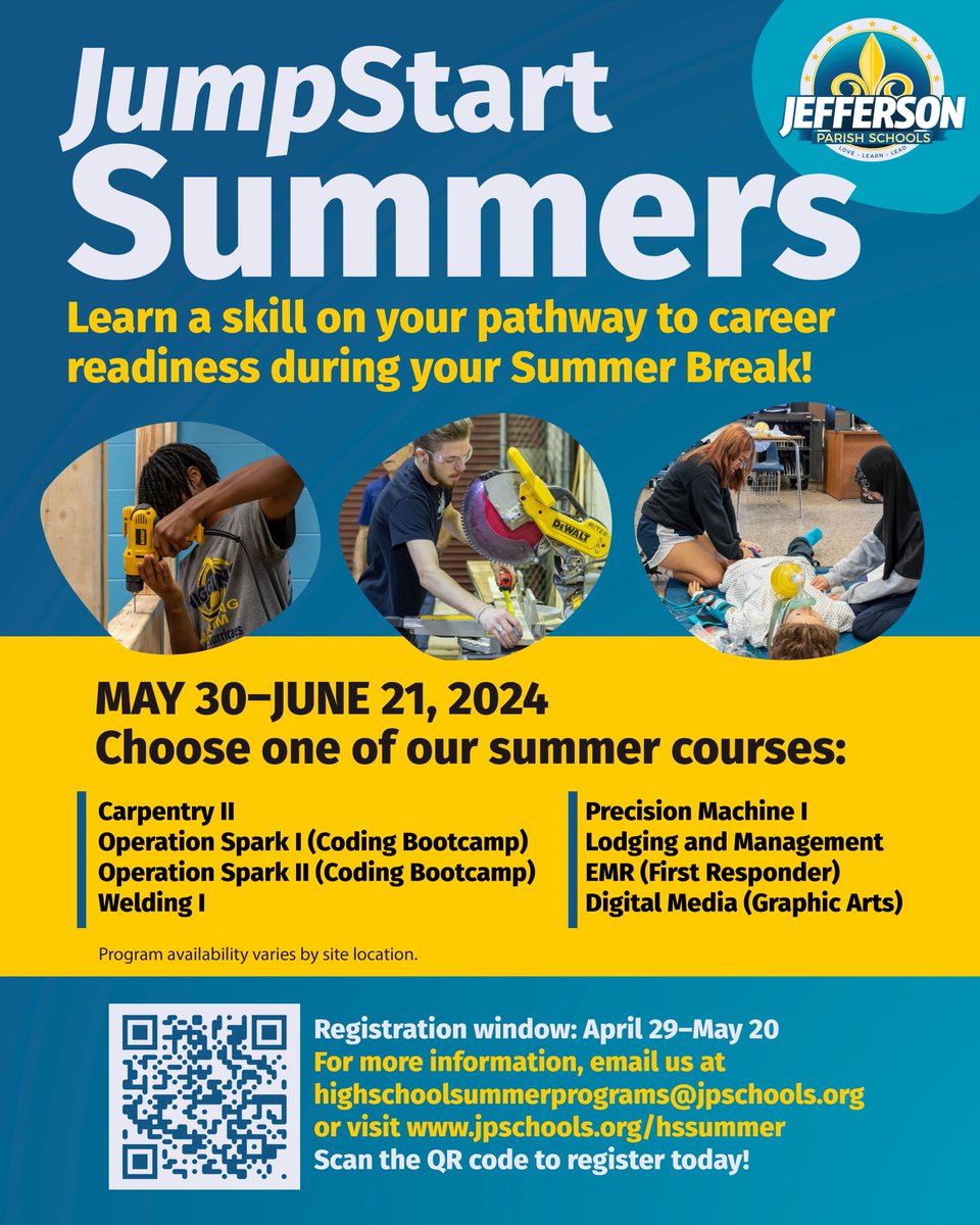 JumpStart Summers is currently open for registration until May 20. This summer program is open to students in grades 9-12. This program is intended to offer an advanced opportunity for students to learn a skill to increase career readiness.