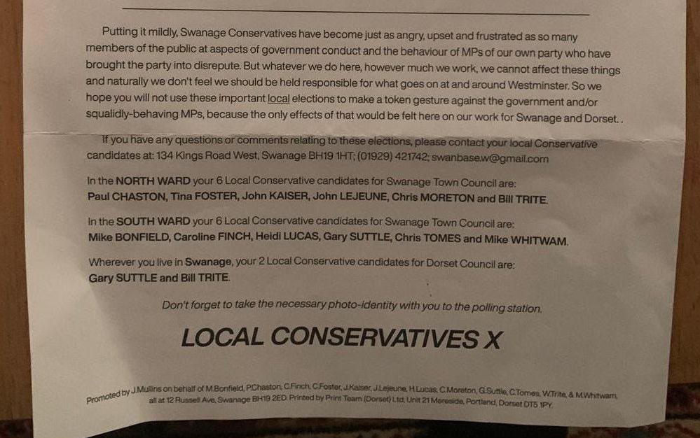 Wow. This is quite extraordinary! How desperate are the “local” Tories to dissociate themselves from the Tories? So much so, it seems! They are actually using their *own* leaflet in Dorset to show how angry they are about their *own* government and MPs behaviour!