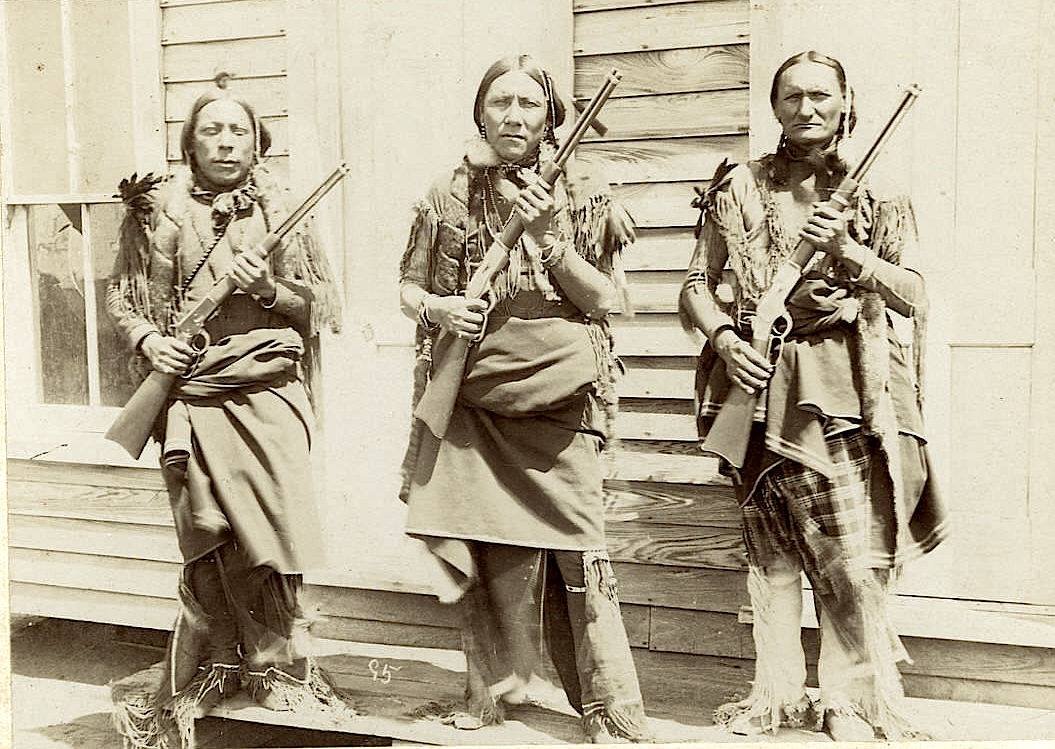 Comanche tribal police. ca. 1890-1900. Photo by Irwin, taken at the Anadarko Agency on the Kiowa-Comanche Reservation, Indian Territory (Oklahoma).