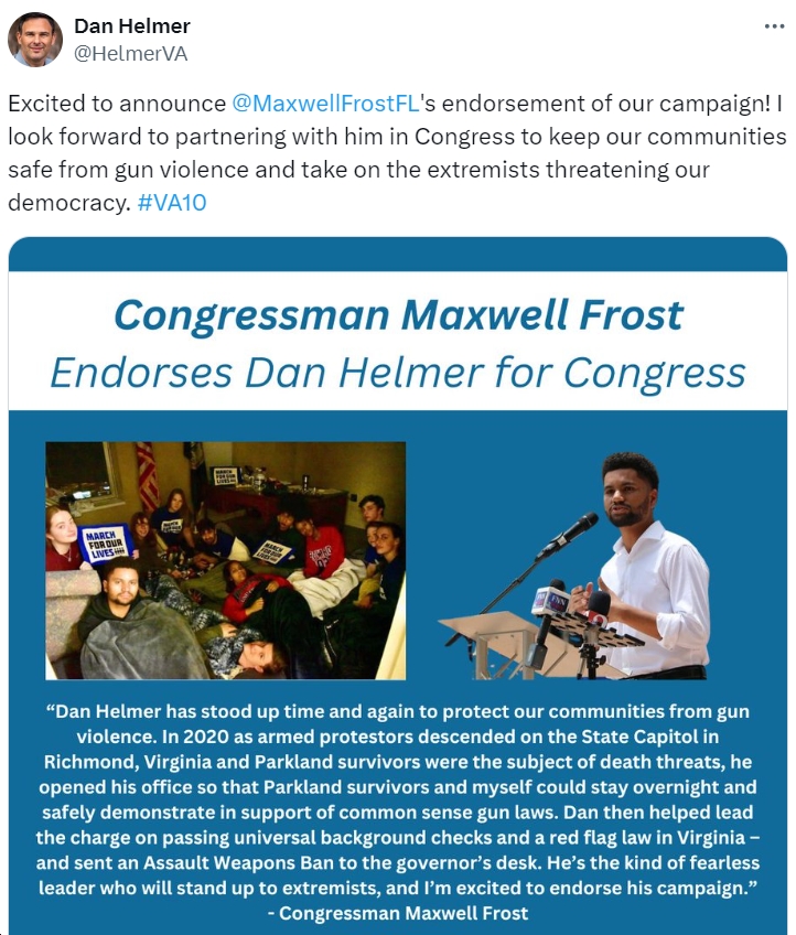 Del. @HelmerVA endorsed by Rep. @MaxwellFrostFL for VA10 bluevirginia.us/2024/04/tuesda…