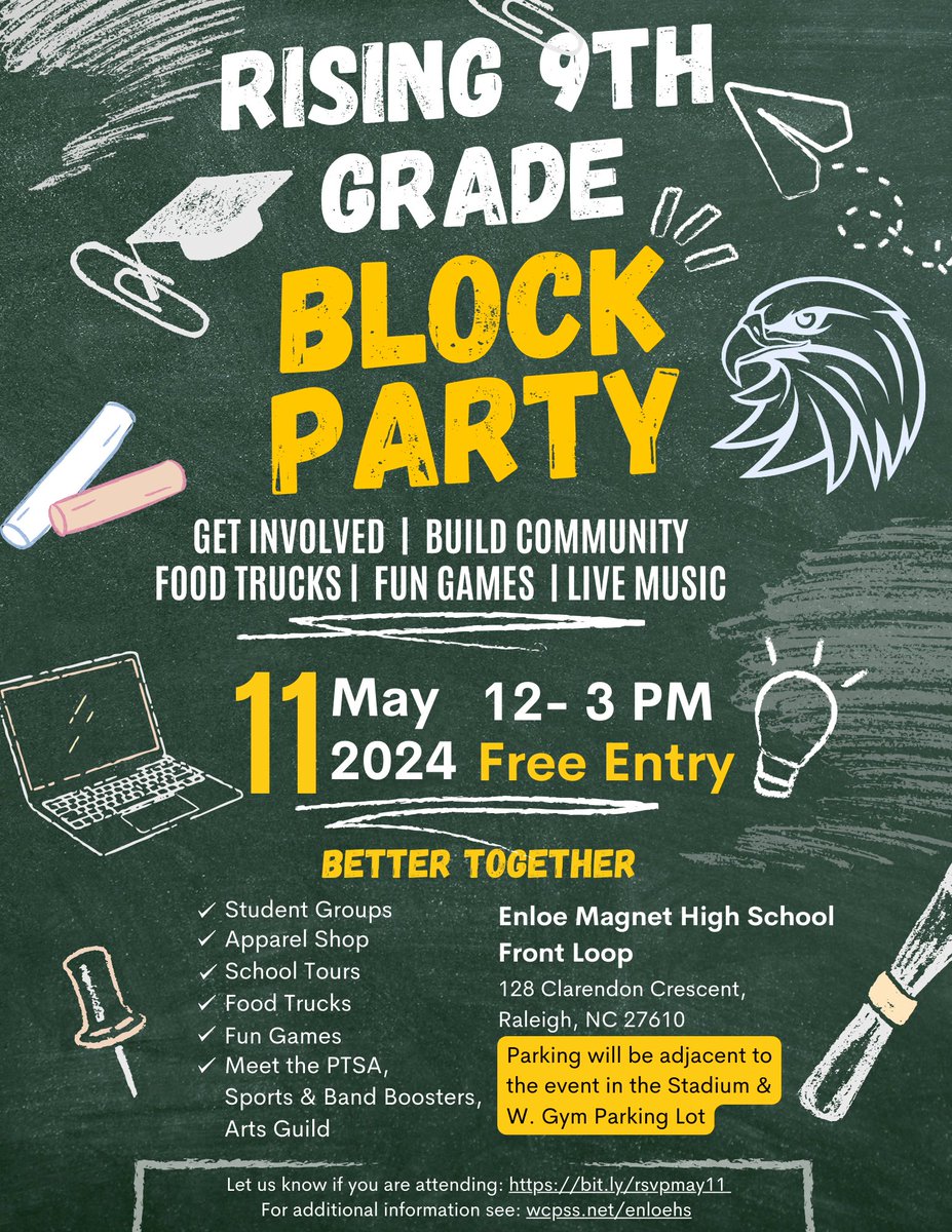 Join Enloe families at the Rising 9th Grade Block Party on May 11th! 🎉 Kick off your high school journey with excitement. Enjoy food trucks, fun games, live music, and more at Enloe Magnet High School Front Loop from 12-3 pm. Admission is free! RSVP here: bit.ly/rsvpmay11