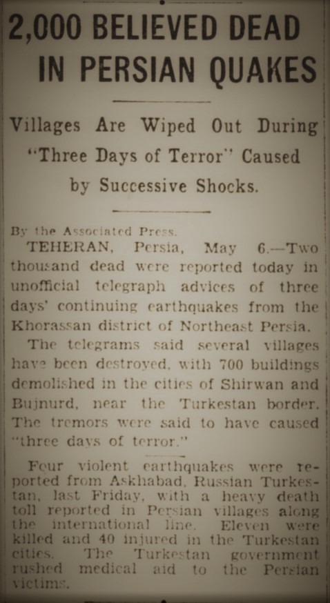 1 May 1929 15:38 UT Mw7.2 #earthquake and aftershocks, in the Kopet Dag, Iran-Turkmenistan border, destroyed villages and caused 3800 deaths, most in Iran. The Quchan 1871-95 EQs were in the same fault zone. earthquake.usgs.gov/earthquakes/ev… jstor.org/stable/74468?o… chroniclingamerica.loc.gov