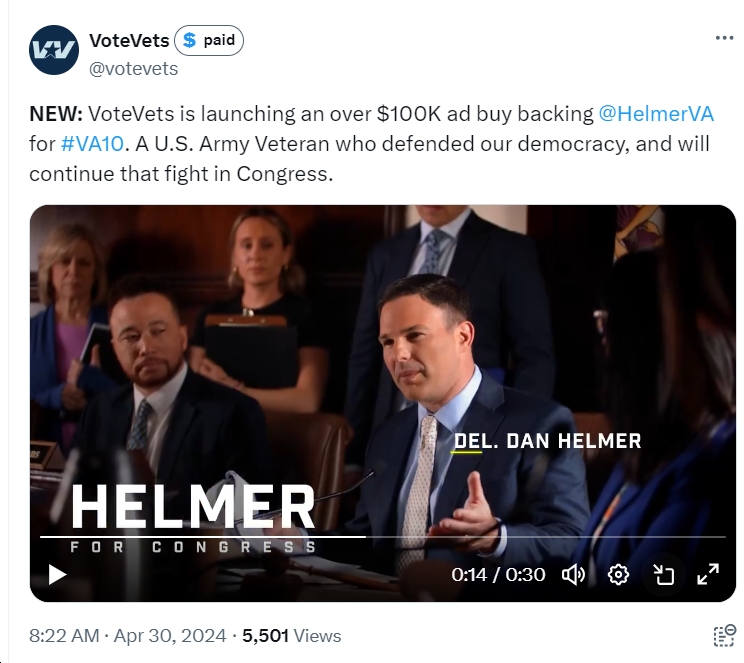 Missed this earlier today - @votevets launched a $100k ad campaign on behalf of @HelmerVA in VA10 bluevirginia.us/2024/04/tuesda…