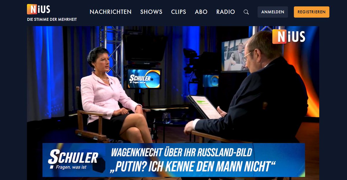 #Wagenknecht verteidigt bei Nius ihre Partei gegen den Vorwurf der #Russland-Freundlichkeit. Mit originellen 'Argumenten': Sie kenne Putin nicht.