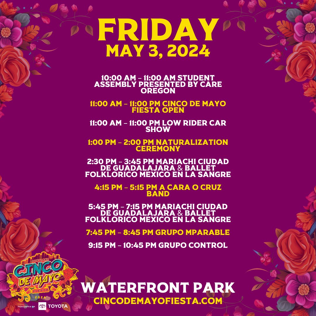 TODAY IS THE DAY! 🥳 #CincodeMayoFiesta2024 presented by @DriveToyota has arrived, and we're starting it off on the right. Take a look at all the festivities we've got on deck for day one! 🎟️ bit.ly/PDXCincoDeMayo