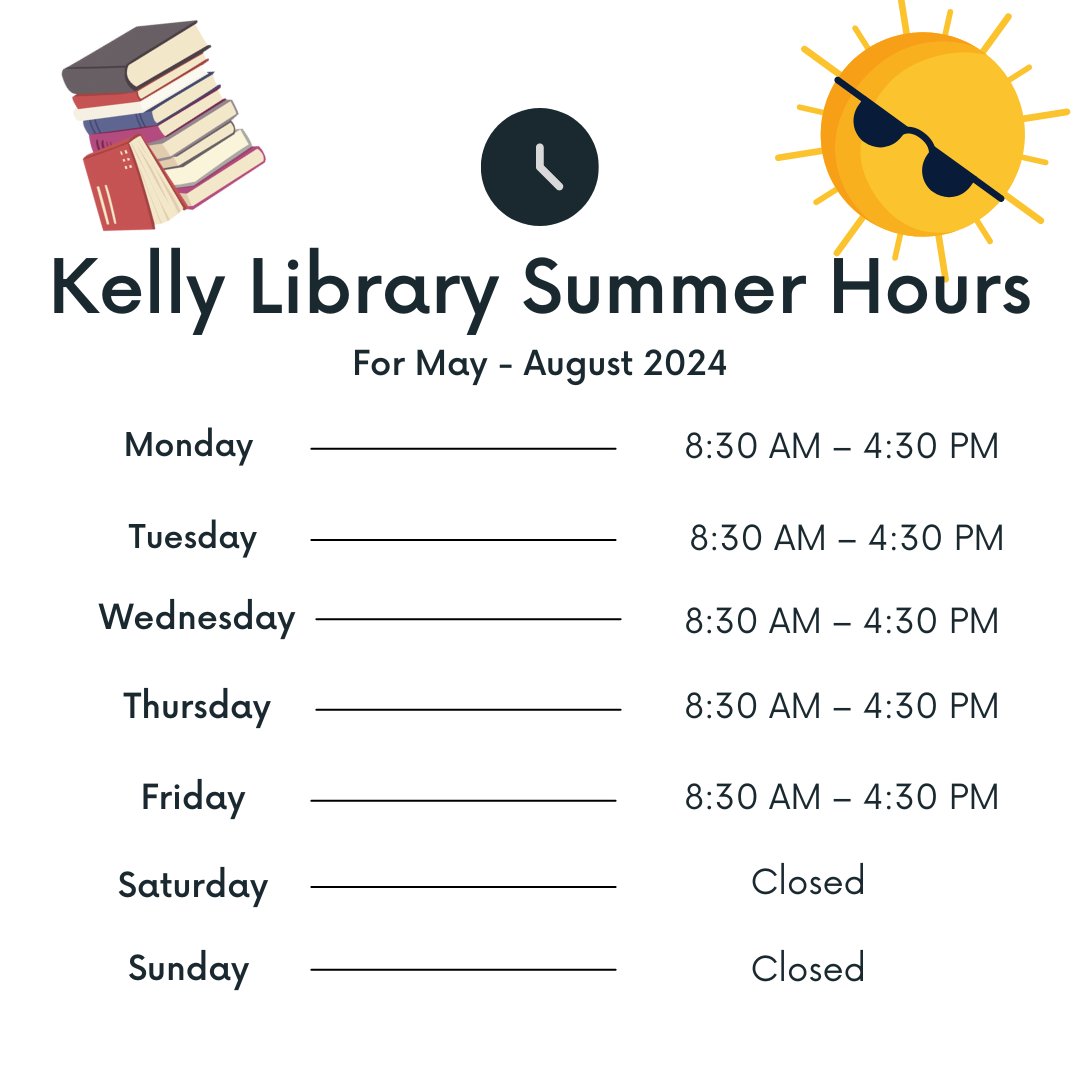 Summer's almost here and our hours are changing! As of tomorrow, May 1st, we will be open for all of your academic needs Monday-Friday from 8:30-4:30, and taking weekends off to enjoy the weather!