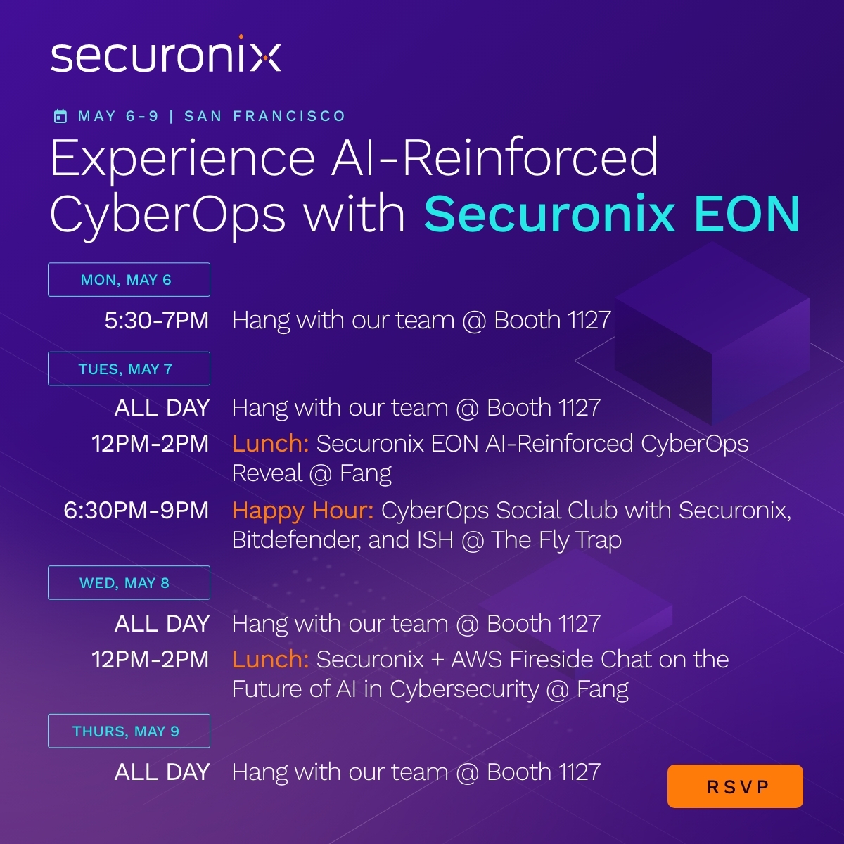👋 We can't wait to see you May 6-8 at RSA Conference. Check out our full schedule to find out how to join us across an exciting 4 days of AI-Reinforced CyberOps! 🔎 Stop by booth #1127 for live demos and join us at our events. RSVP TODAY! sc.securonix.com/u/FOM8nf