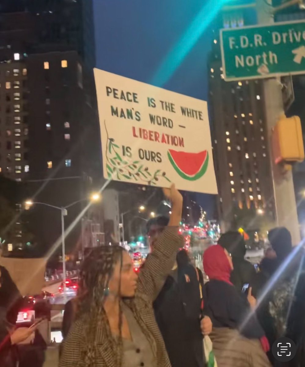 Strong, powerful and clear message to worl:

'Peace is the White Man's Word
Liberation is ours'

#StudentsForGaza