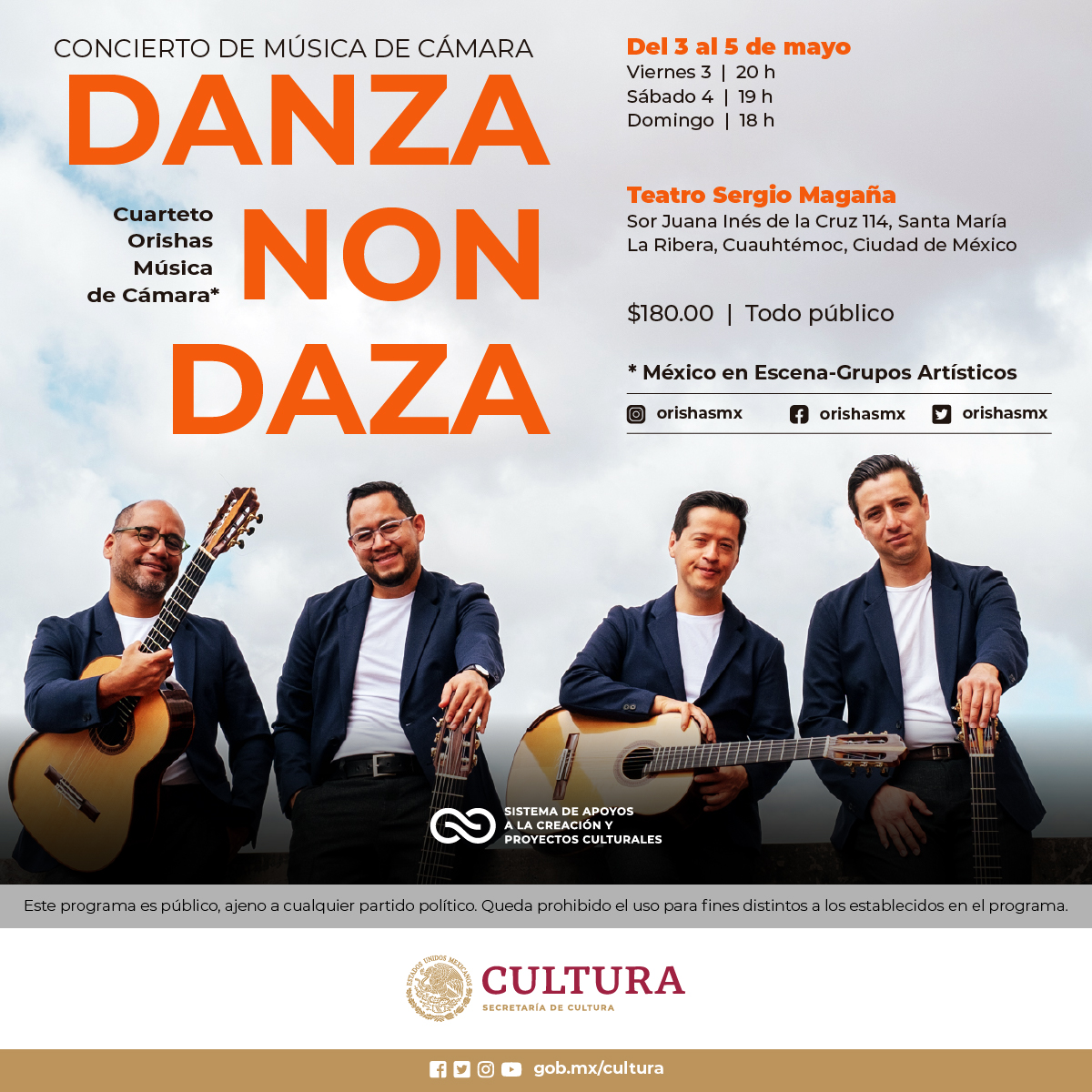 🎸Disfruta en el Teatro Sergio Magaña “Danza non danza” con el Cuarteto <a href="/orishasmx/">Cuarteto Orishas</a> (México en Escena).

📅3 a 5 de mayo
🎟Boletos: goo.su/X0l7

<a href="/cultura_mx/">Secretaría de Cultura</a>