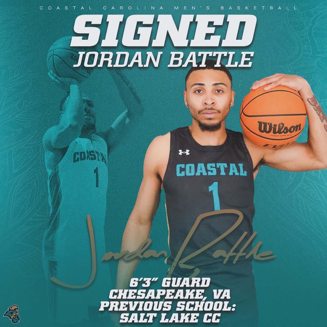 6'3 PG Jordan Battle out of Salt Lake Community College has committed to Coastal Carolina. Battle follows former SLCC Head Coach Kyle Taylor to CCU. Averaged 13.9 points (45.2% 3PT), 4.9 rebounds & 4.1 assists. No. 9 Juco prospect, Per Jucorecruiting.