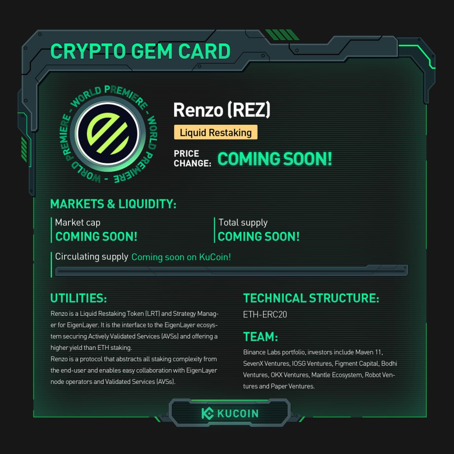 $REZ ট্রেডিং লাইভ #KuCoin এ! 🚀REZ/USDT: trade.kucoin.com/REZ-USDT Renzo সম্পর্কে বিস্তারিত জানতে #KuCoinCryptoGem কার্ড দেখুন। #LiquidRestaking