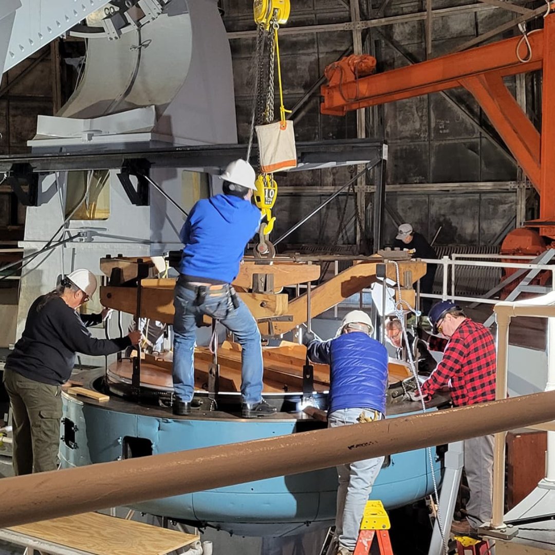 Every ten years or so, the mirrors from the 100-inch telescope must be removed for realuminizing and reinstallation. This is happening this month! Our thanks to the dedicated and skilled volunteers who perform this prodigious task! Photos courtesy David Frey.