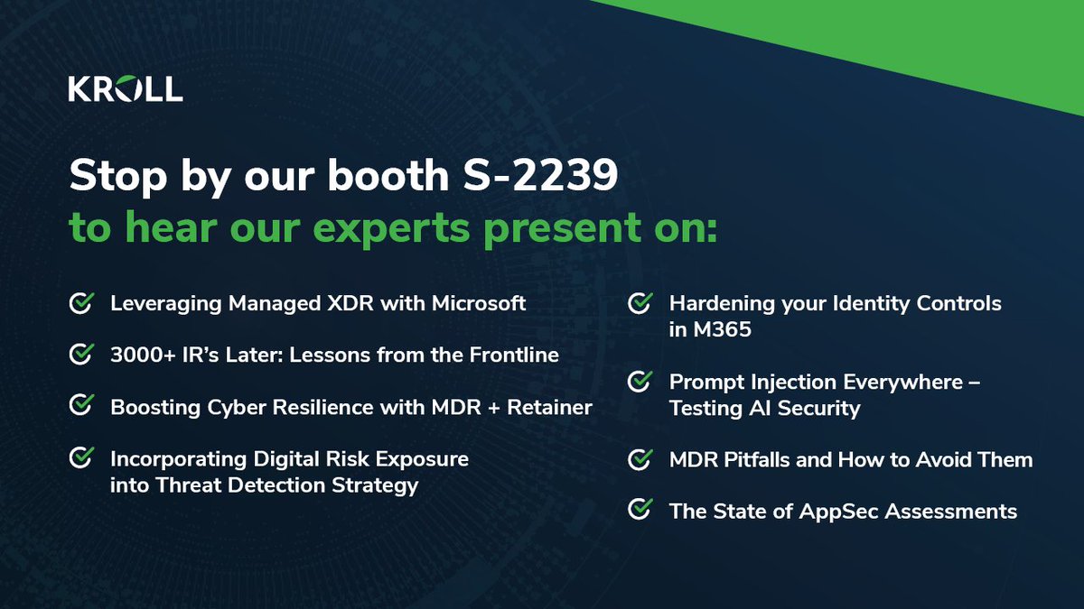 Planning your #RSAC schedule? Stop by booth 2239 in the South Expo Hall to hear our cyber risk experts present on key trending topics.

Only a few slots left! 🤝 Book here for an in-person threat intel briefing: ms.spr.ly/6017Y3CXX