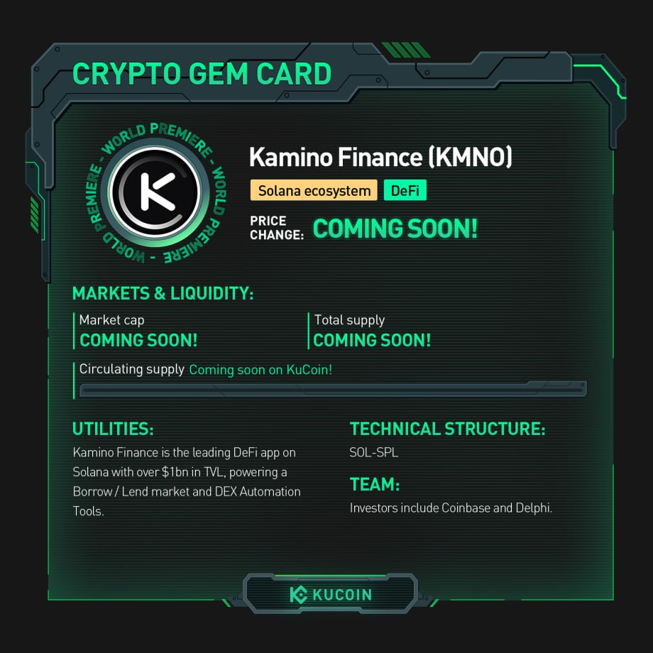 $KMNO ট্রেডিং লাইভ #KuCoin এ! 🚀KMNO/USDT: trade.kucoin.com/KMNO-USDT Kamino Finance সম্পর্কে বিস্তারিত জানতে #KuCoinCryptoGem কার্ড দেখুন। #SolanaEcosystem #DeFi