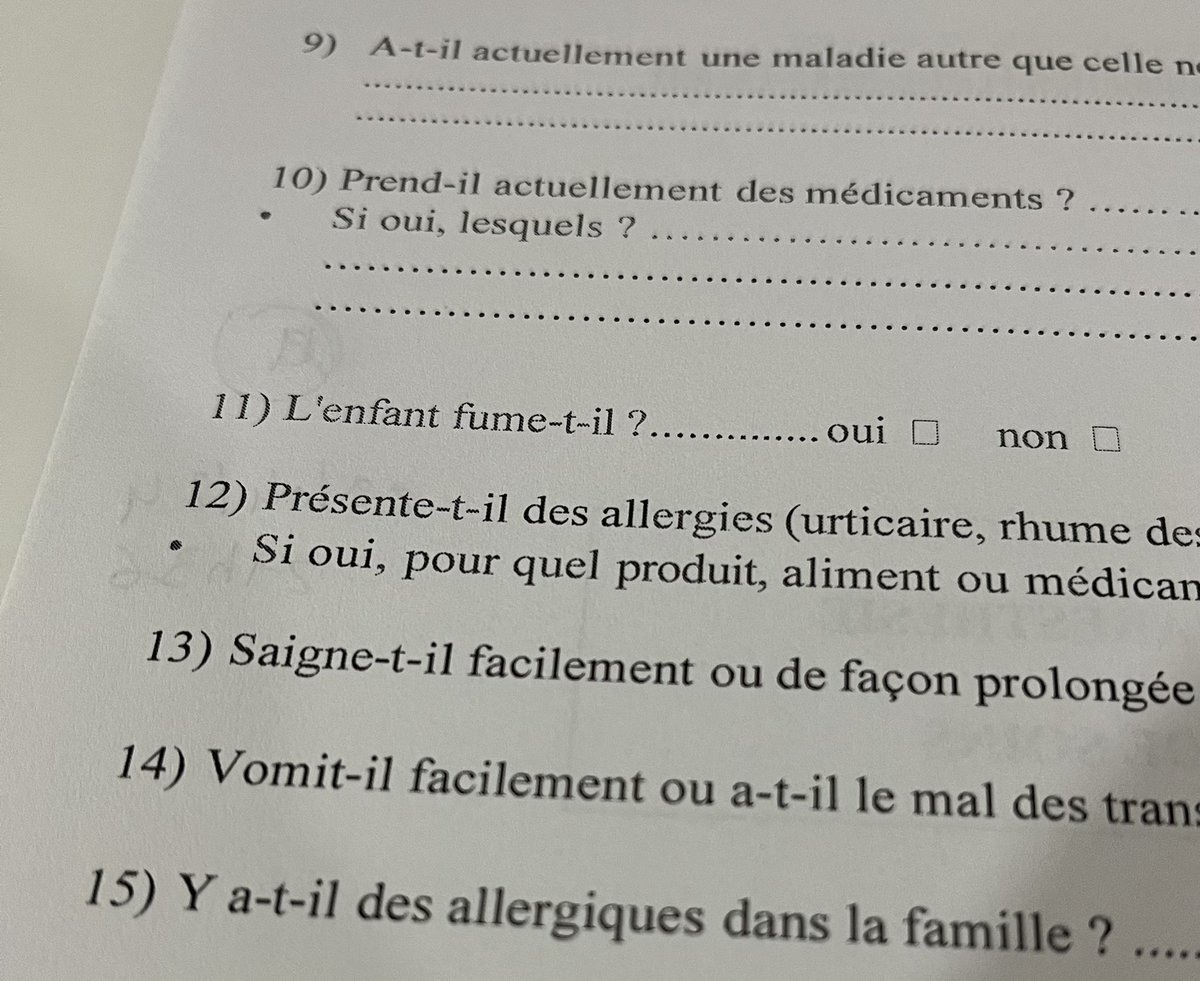 French never stop being French, even in A&amp;E:

Does the child smoke?
