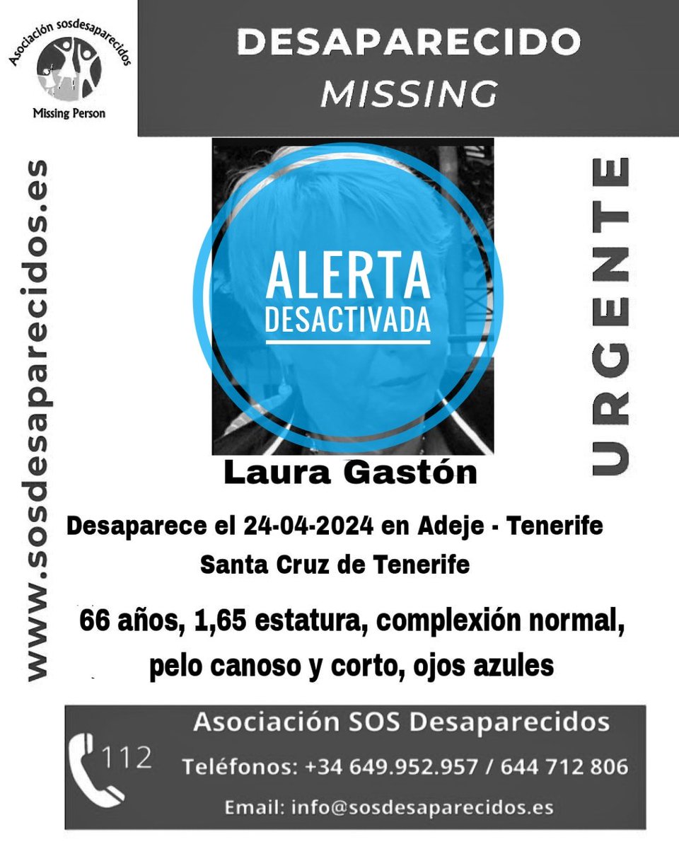 🔕 DESACTIVADA 
#desaparecido #sosdesaparecidos #Missing #España #Adeje #Tenerife #SantaCruzdeTenerife
Síguenos @sosdesaparecido