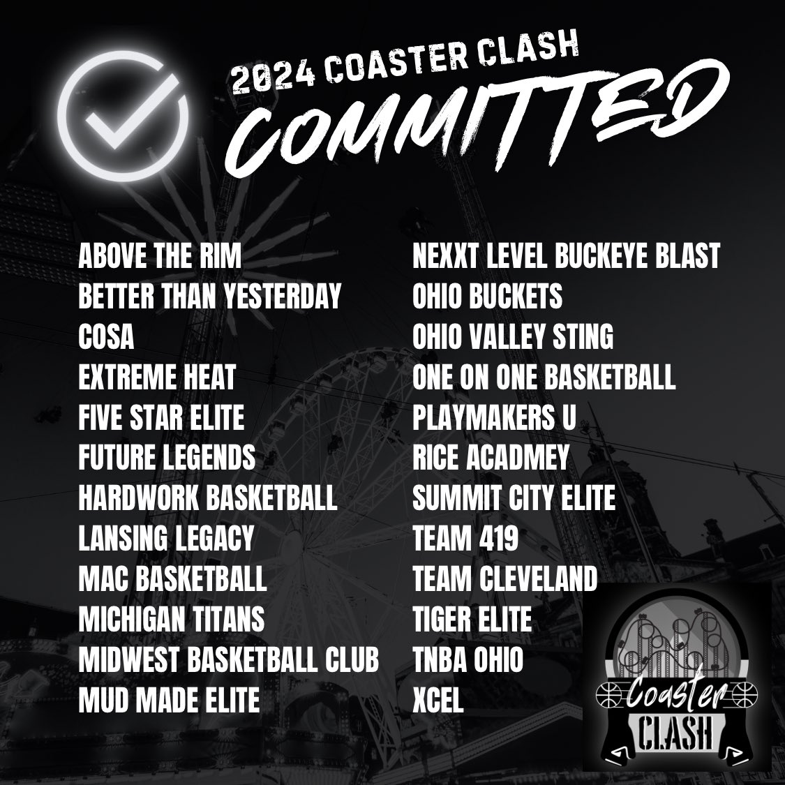 ✅🔏 EARLY COMMITMENT list for 2024 Coaster Clash May 10-12! 🎢 Cedar Point Sports Center (@CPSportsCenter) will be buzzing!