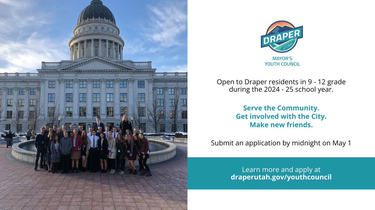 The Draper City Mayor's Youth Council is accepting applications for students who will be in 9 - 12 grade during the 2024 - 25 school year. The final day to submit applications is tomorrow, May 1 by midnight. Learn more at draperutah.gov/.../com.../may…