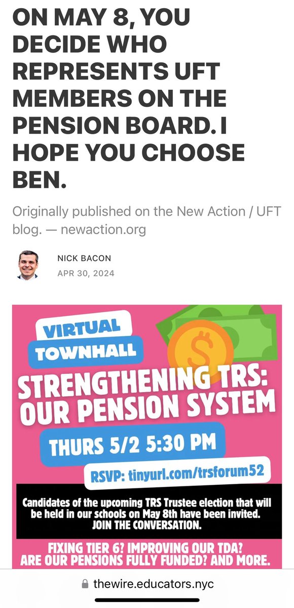 Nick Bacon, @UFT exec board member, chimes in on the @myTRSNYC NYC TRS trustee election that will take place in schools for the 1st time in over 30 years. He explains why he’s voting for Ben Morgenroth and not the @UFTUnity appointee. Read more here: open.substack.com/pub/educatorso…
