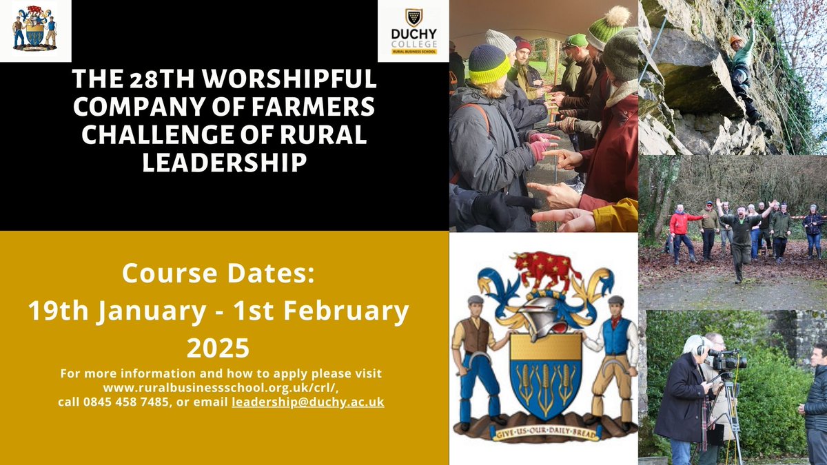 @FarmersCompany confirms opening of applications for 28th Challenge of Rural Leadership-under tutelage of @DuchyCollege. 2-week residential course will take place at Dartington Hall January 2025. Information on course, fees & access to portal via ruralbusinessschool.org.uk/crl/. #crl25