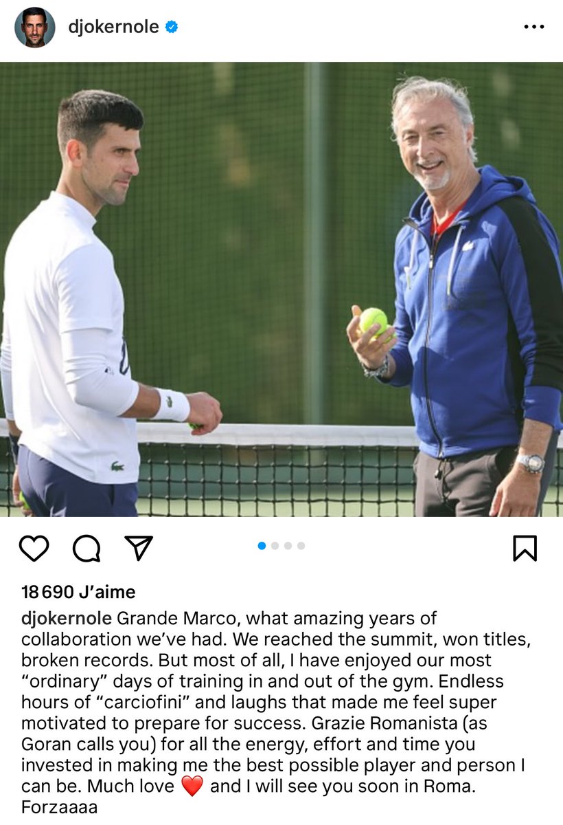 Après son entraîneur, Goran Ivanisevic, Novak Djokovic annonce la fin de sa collaboration avec son préparateur physique, Marco Panichi. ❌🤝