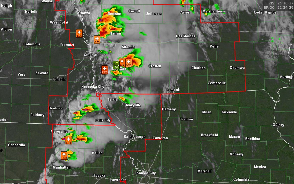 Supercell thunderstorms, developing across western Iowa and nearby areas, have so far produced 70 mph wind gusts and 2' hail. #iawx #newx #kswx