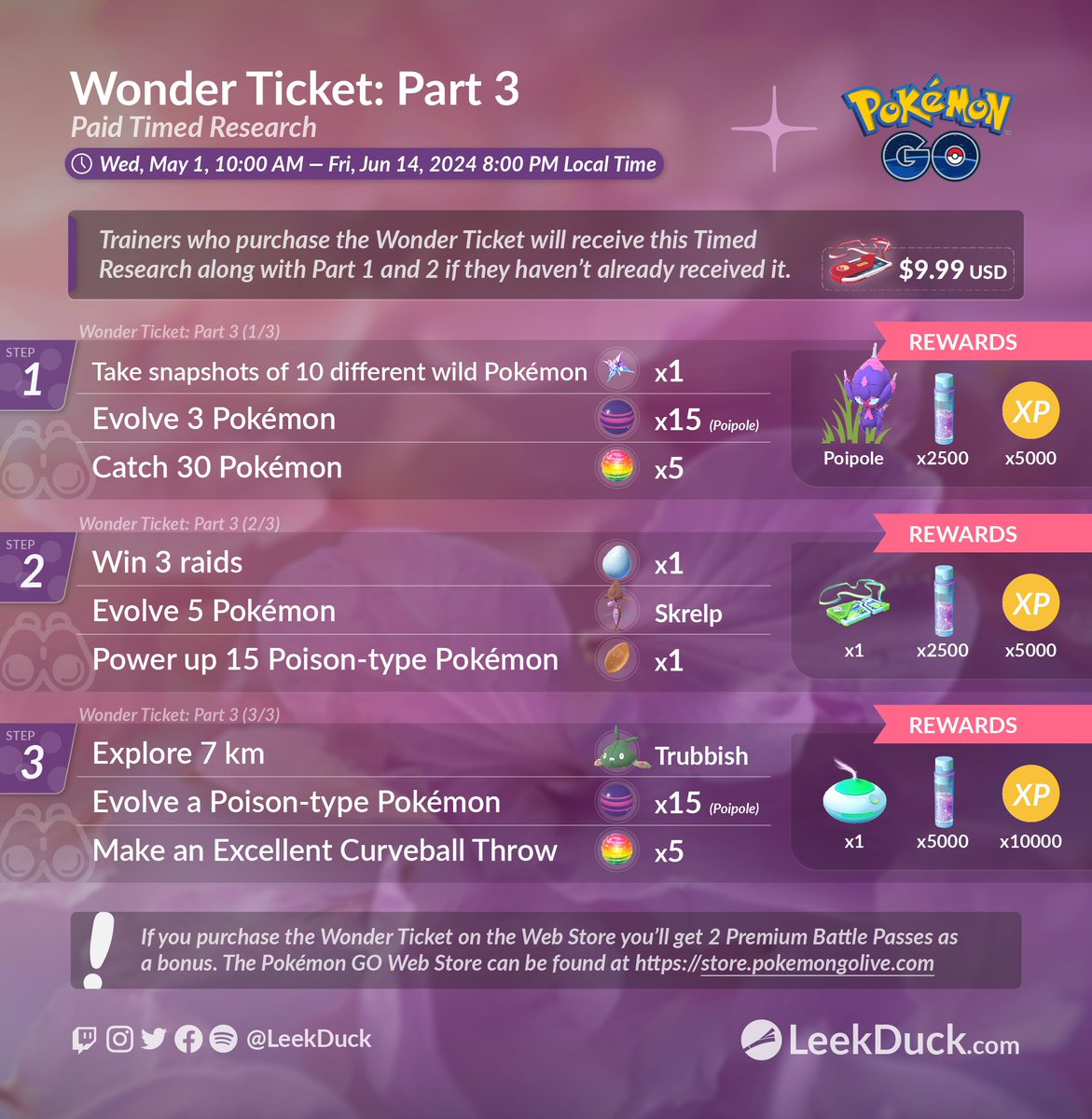 Wonder Ticket: Part 3 - Timed Research • Trainers who have a Wonder Ticket will gain access to this set of Timed Research • If you purchase a Wonder Ticket now, you'll also have access to the Part 1 & 2 Timed Research Full Details: leekduck.com/events/the-won…