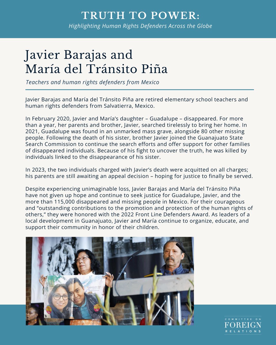 Javier Barajas and María del Tránsito Piña are #HumanRightsDefenders who have turned their grief into action, shedding light on the stories of the 115,000+ disappeared and missing people in Mexico. Learn more about them and their search for the truth in our #TruthToPowerSeries ⬇️