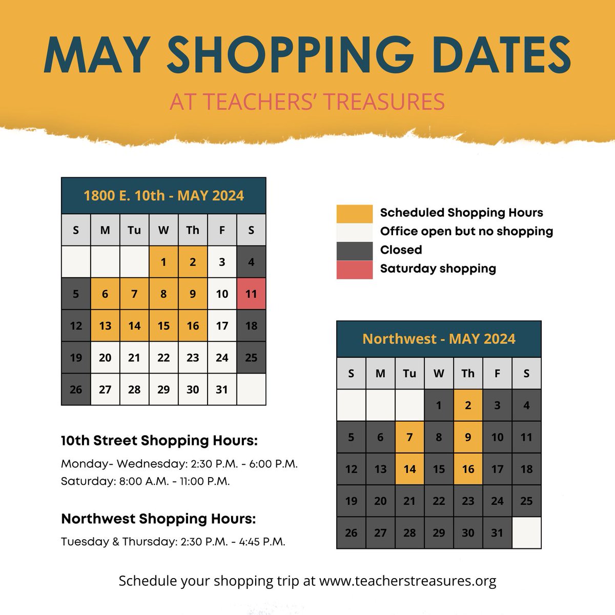 Tomorrow is the last month of shopping for the 2023-2024 school year! Teachers, make sure to schedule your appointment ASAP. Review the calendar and use the link below to get scheduled! buff.ly/3M8x8V2