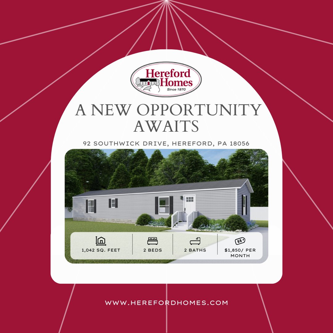 🚨New Rental Available this May🚨
2🛏️
2🛁

For more information 📞(215) 679 5242 or go to 💻 Herefordhomes.com
Equal Housing Opportunity
Background checks required for consideration

#92Southwick #HerefordEstates #RentalHome #ManufacturedHome