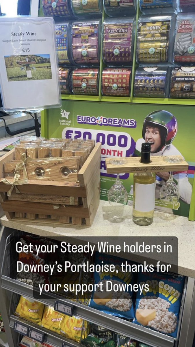 Thanks so much to Downeys Centra for stocking Steady Wine! The lads are busy preparing for the @StudentEntProg final next week. #makingthingshappen @LEOLaois